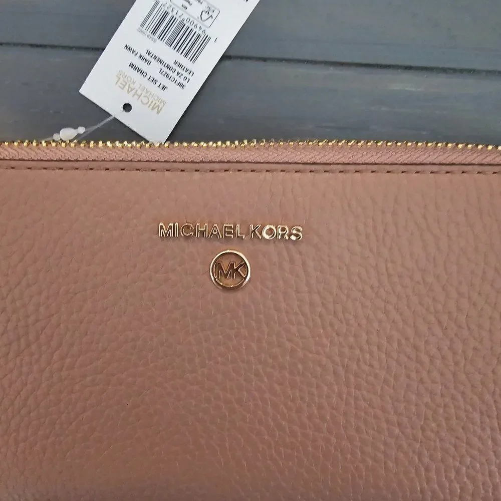 Michael Kors Jet Set Charm dark fawn Leather Large Zip Clutch Women's wristlet